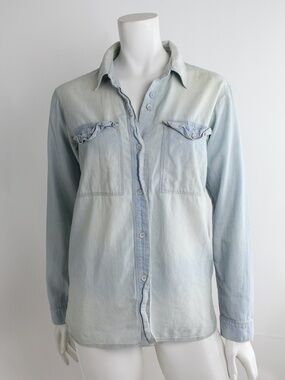 Madewell 100% Cotton Light Chambray Denim Faded Button Down Shirt Soft Blue